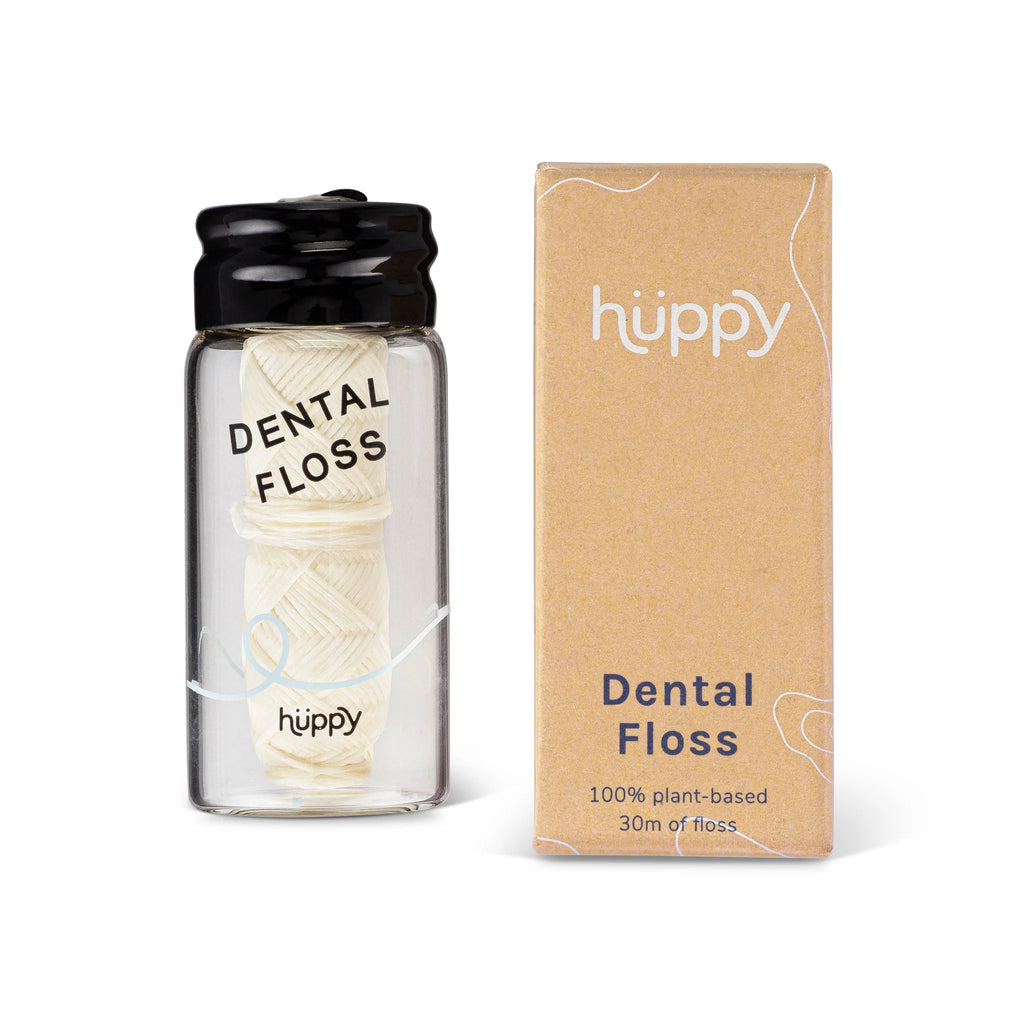 huppy floss + glass container